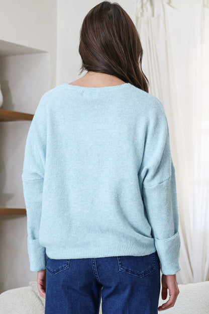 Joanne Knit Top - Crew Neckline Bat Wing Long Sleeve Top in Sky Blue