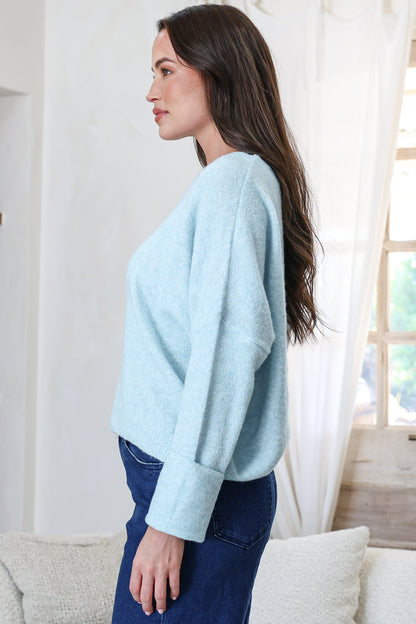 Joanne Knit Top - Crew Neckline Bat Wing Long Sleeve Top in Sky Blue