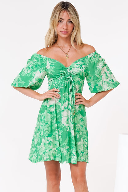 Justina Mini Dress - V-Neck Gathered Bodise On or Off Shoulder Mini Dress in Sondra Print Green