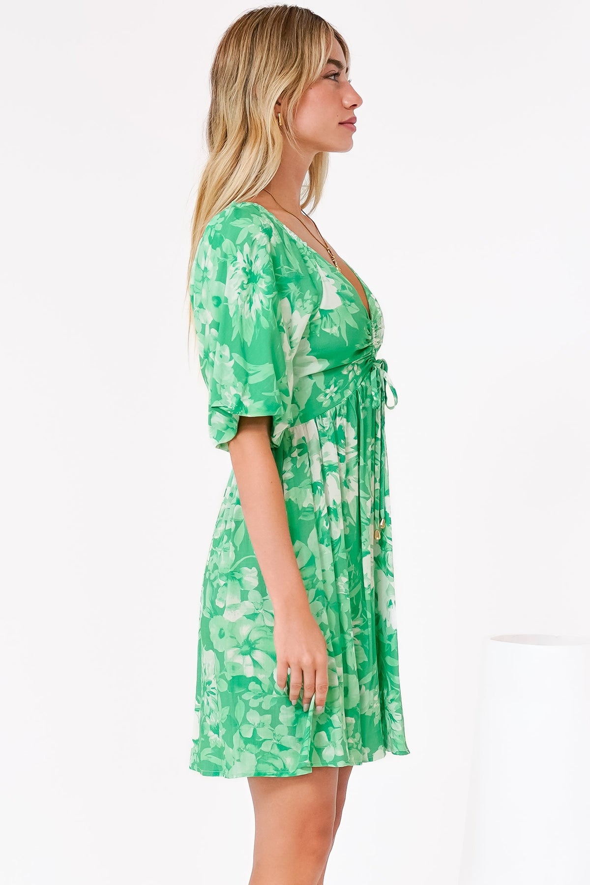 Justina Mini Dress - V-Neck Gathered Bodise On or Off Shoulder Mini Dress in Sondra Print Green