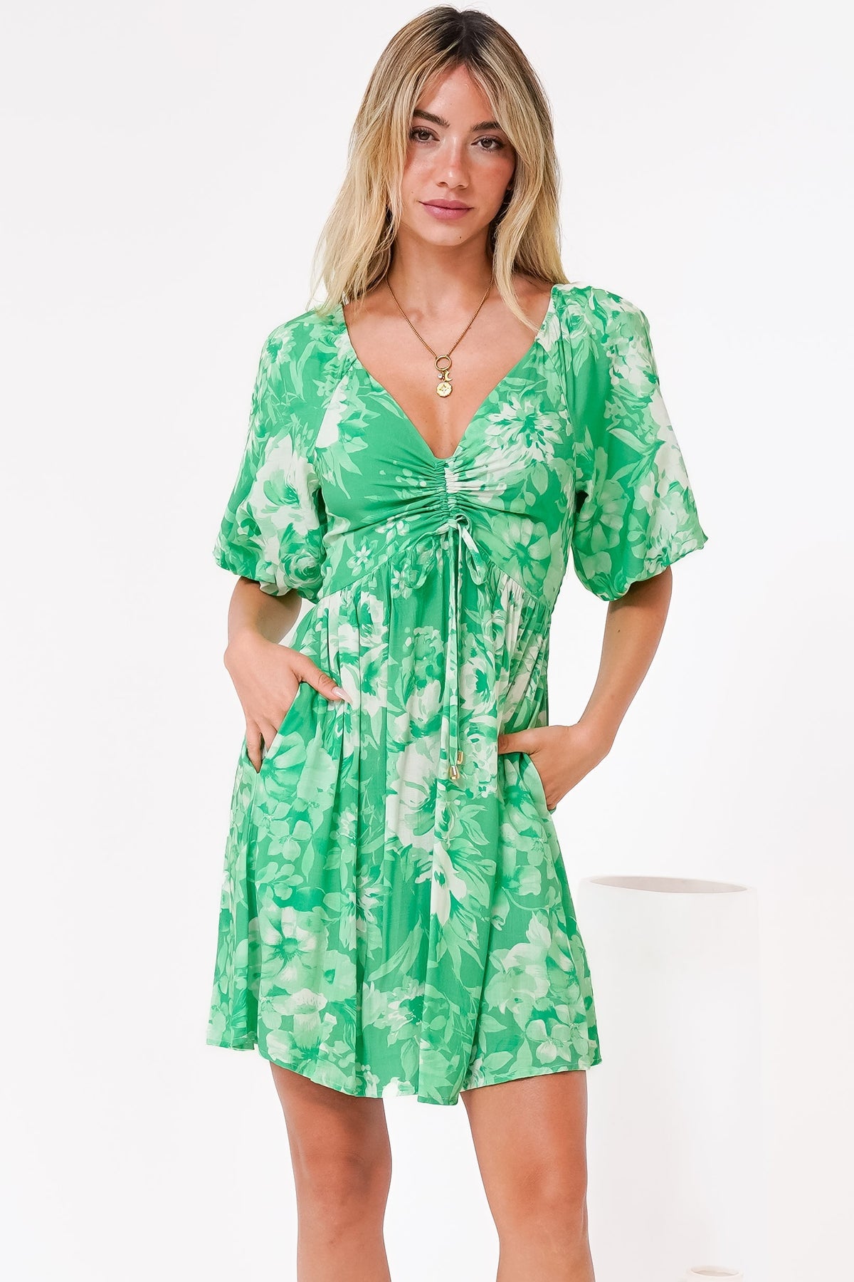 Justina Mini Dress - V-Neck Gathered Bodise On or Off Shoulder Mini Dress in Sondra Print Green