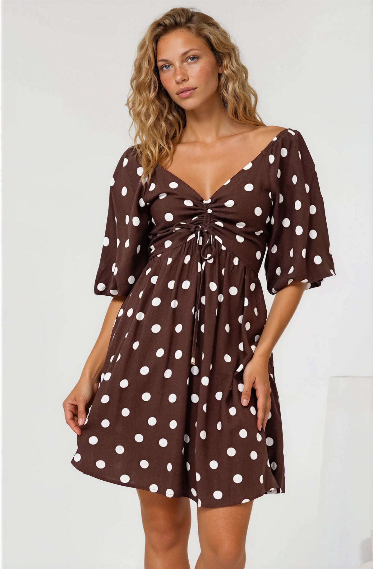 Justina Mini Dress - V-Neck Gathered Bodise On or Off Shoulder Mini Dress in Kitson Spot Print Chocolate