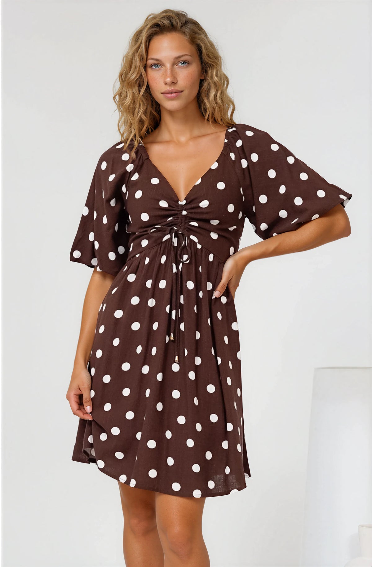 Justina Mini Dress - V-Neck Gathered Bodise On or Off Shoulder Mini Dress in Kitson Spot Print Chocolate