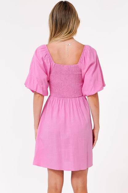 Justina Mini Dress - V-Neck Gathered Bodise On or Off Shoulder Mini Dress in Pink