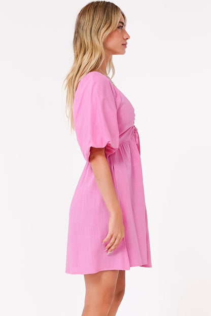 Justina Mini Dress - V-Neck Gathered Bodise On or Off Shoulder Mini Dress in Pink