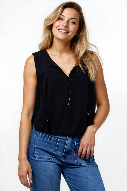 Kalari Top - Sleeveless Mandarin Collar with Tassel & Bells Neck Tie in Black