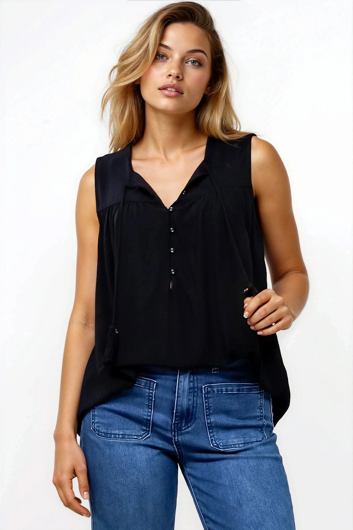 Kalari Top - Sleeveless Mandarin Collar with Tassel & Bells Neck Tie in Black