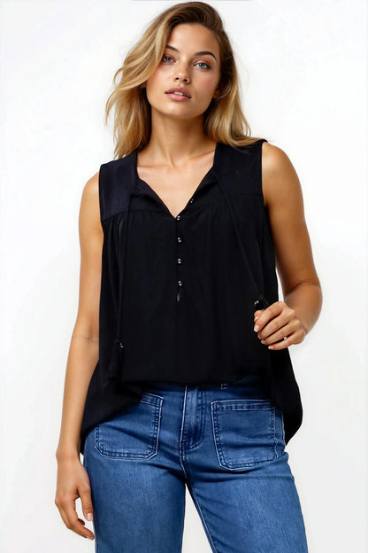 Kalari Top - Sleeveless Mandarin Collar with Tassel & Bells Neck Tie in Black