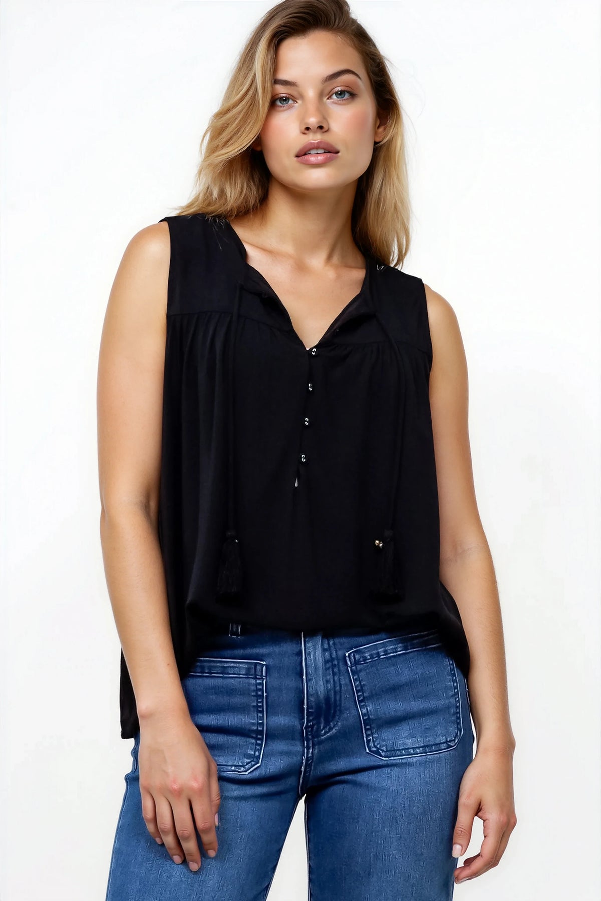 Kalari Top - Sleeveless Mandarin Collar with Tassel & Bells Neck Tie in Black
