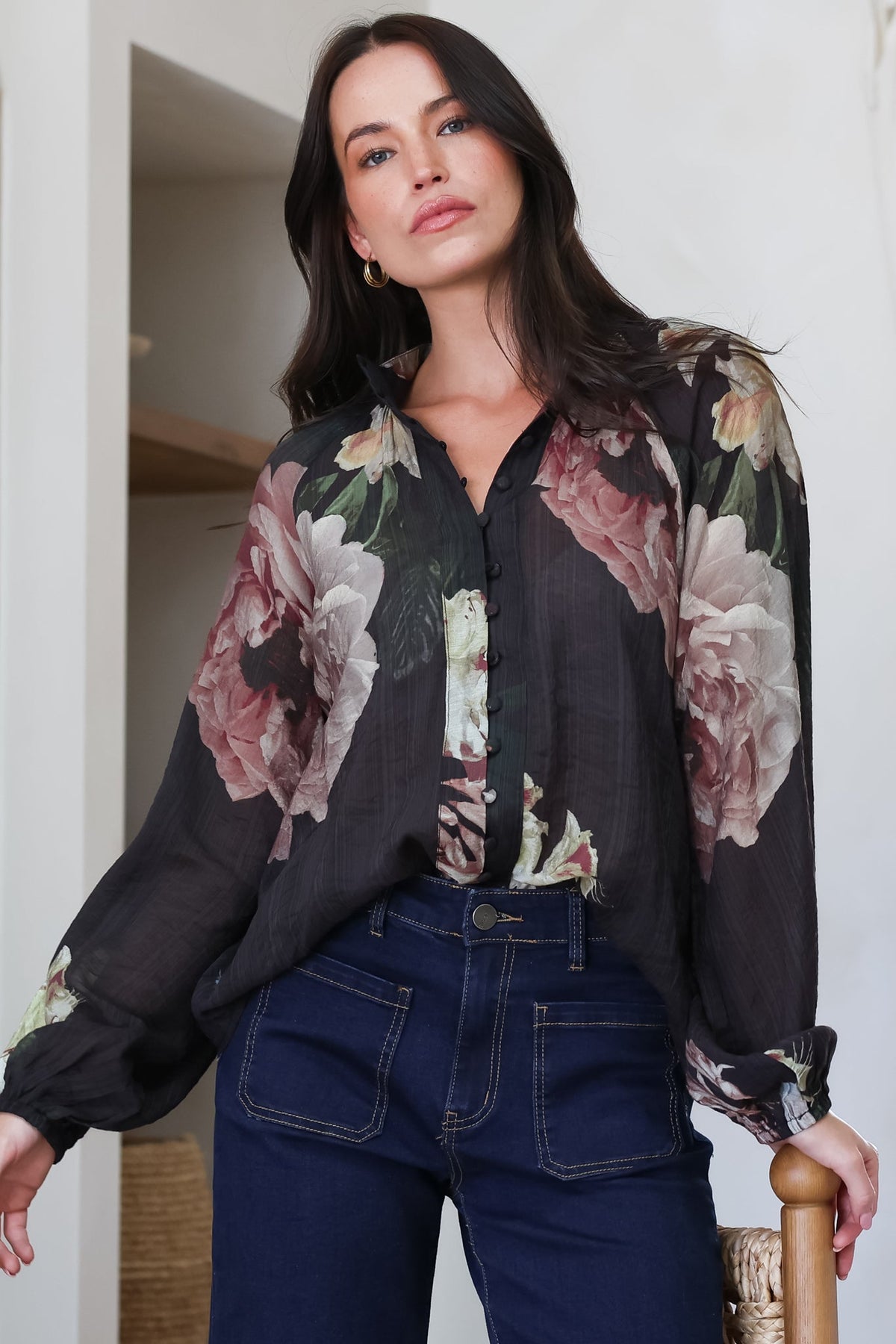 Kyla Blouse - Collared Button Down with Long Balloon Sleeves in Mika Print