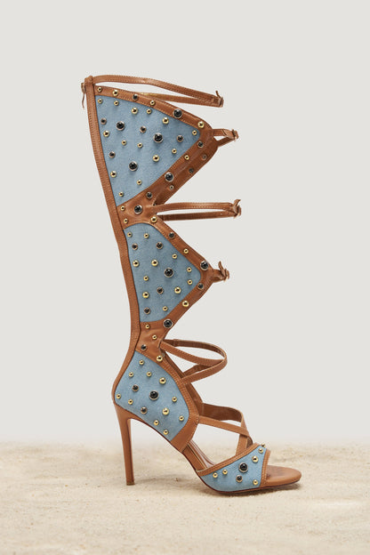 AKIRA GOLD LULANA DENIM METAL STUDDED GLADIATOR STILETTO SANDAL