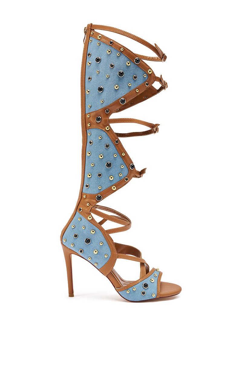 AKIRA GOLD LULANA DENIM METAL STUDDED GLADIATOR STILETTO SANDAL