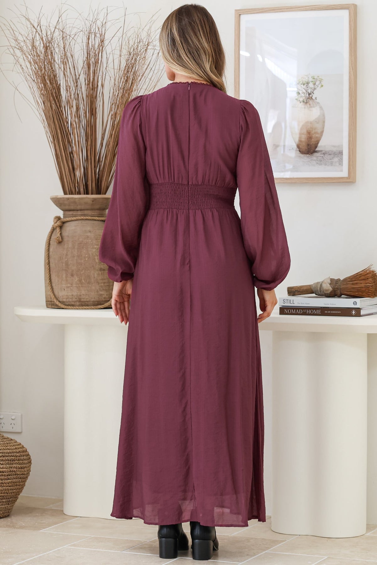 Lauder Maxi Dress - Lace Trim A-Line Dress with Balloon Sleeves in Plum