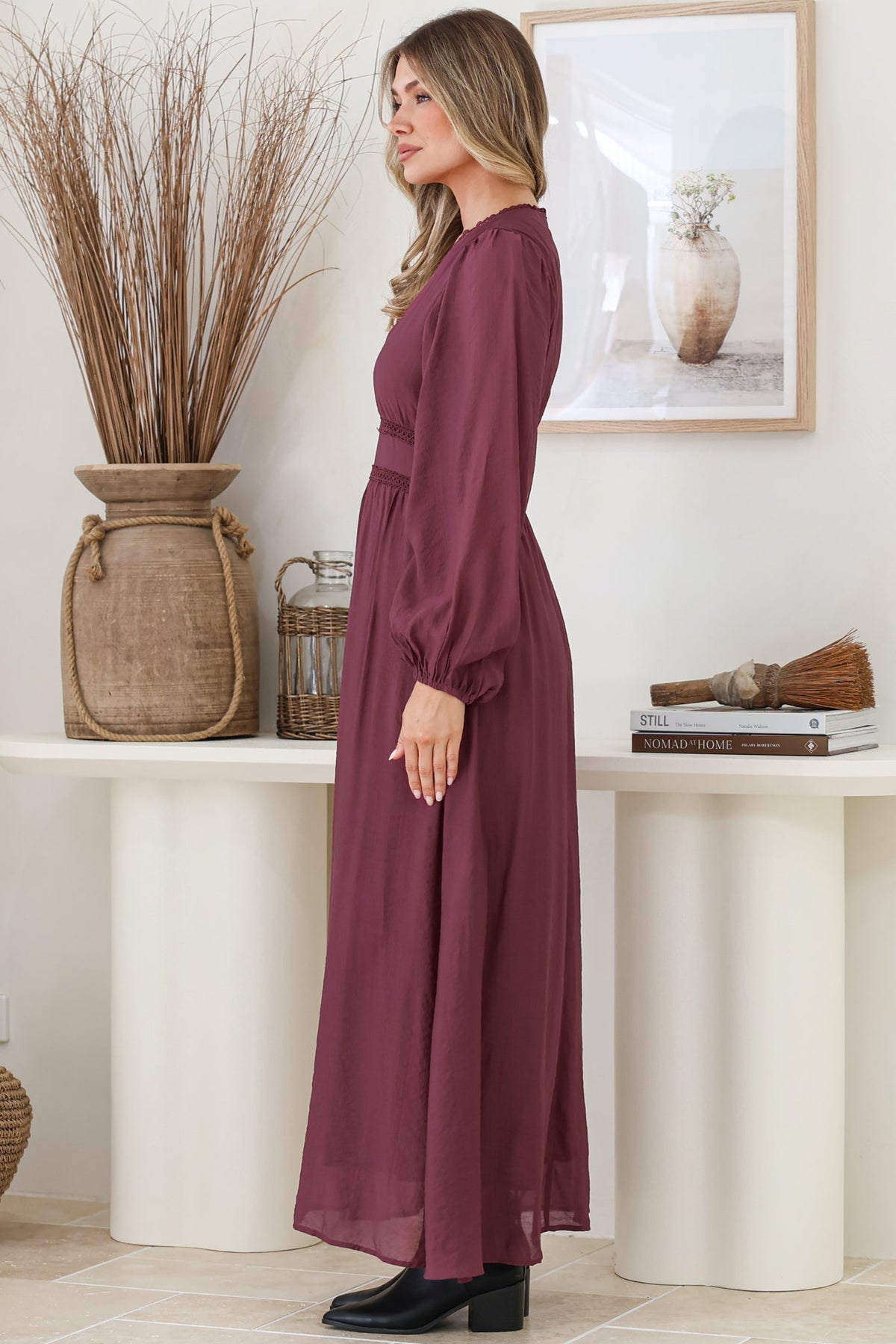 Lauder Maxi Dress - Lace Trim A-Line Dress with Balloon Sleeves in Plum