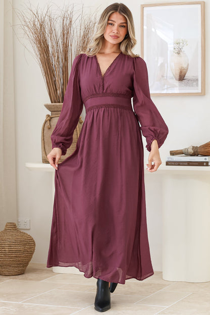 Lauder Maxi Dress - Lace Trim A-Line Dress with Balloon Sleeves in Plum