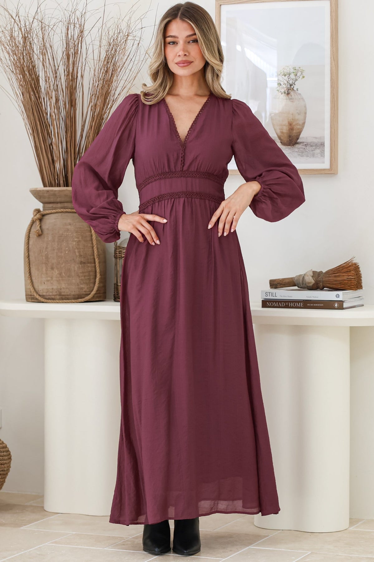 Lauder Maxi Dress - Lace Trim A-Line Dress with Balloon Sleeves in Plum