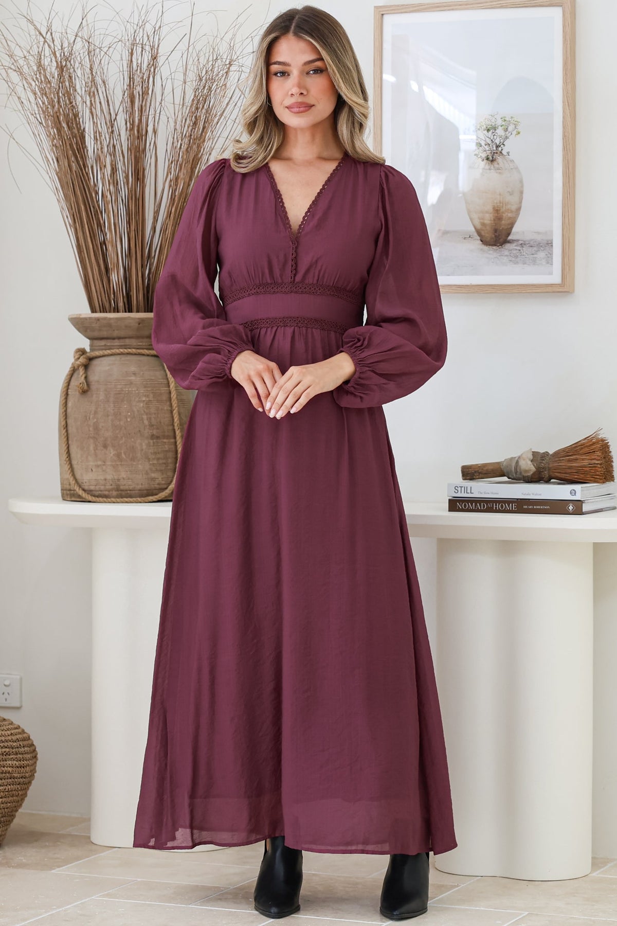 Lauder Maxi Dress - Lace Trim A-Line Dress with Balloon Sleeves in Plum