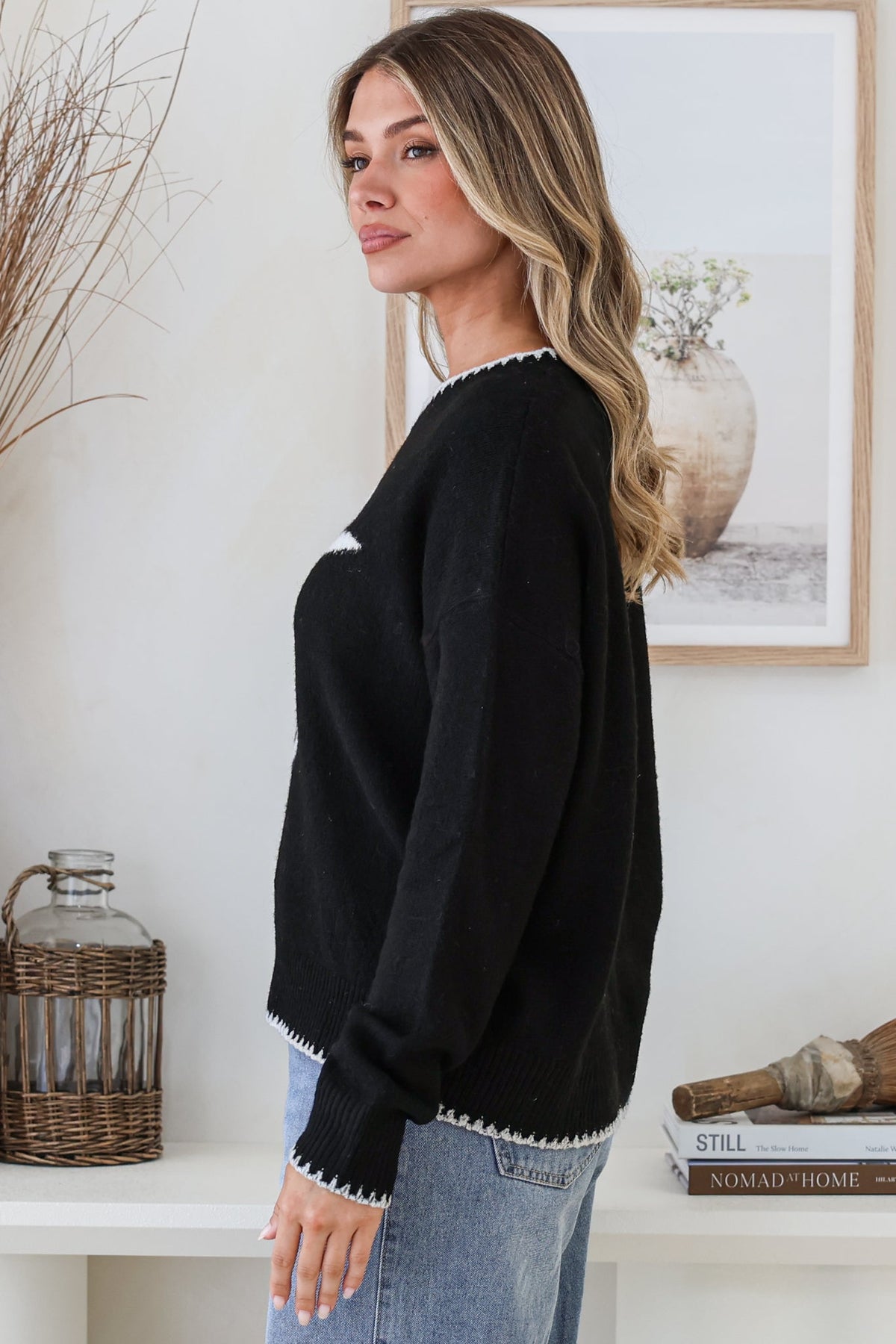 Loretta Jumper - Crew Neck Cowgirl Motif Knit in Black