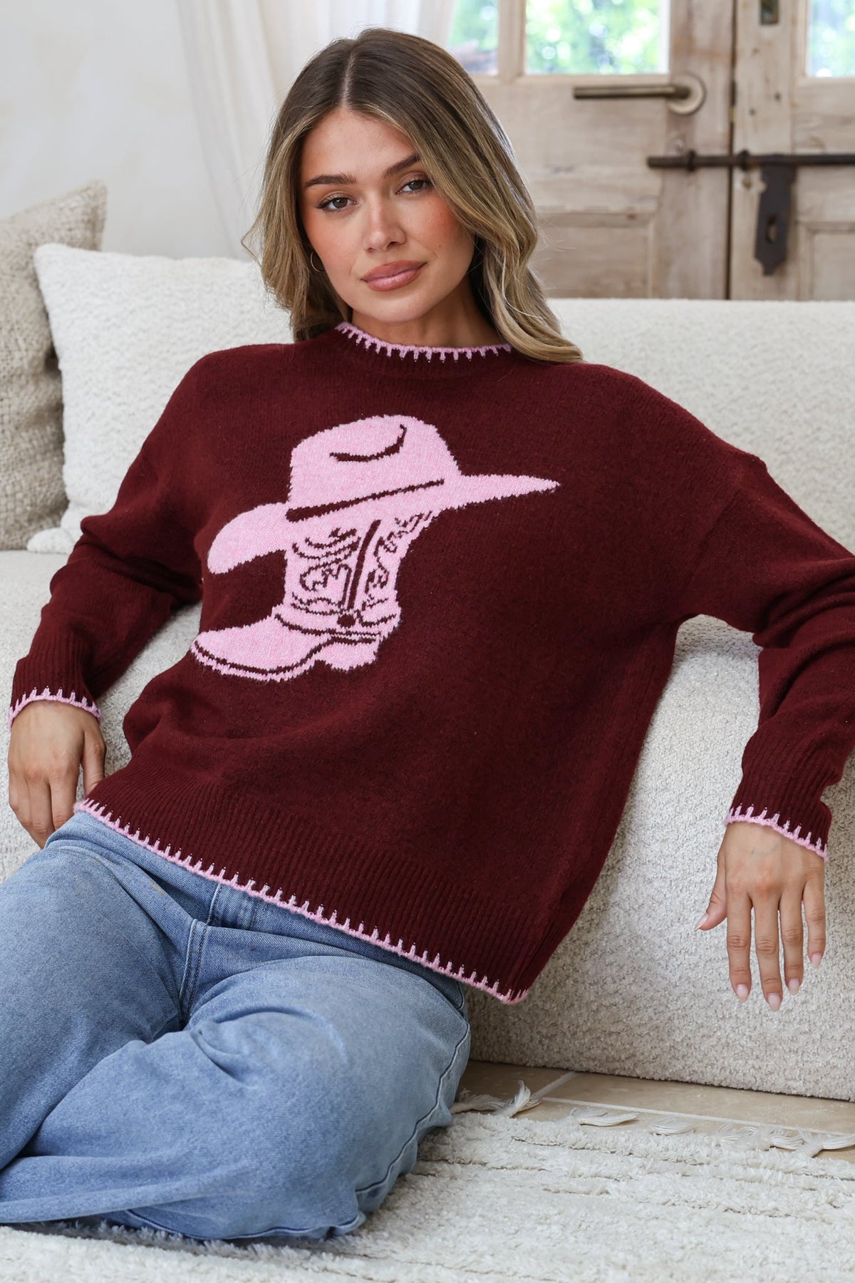 Loretta Jumper - Crew Neck Cowgirl Motif Knit in Wine