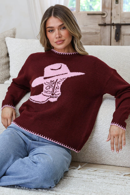 Loretta Jumper - Crew Neck Cowgirl Motif Knit in Wine