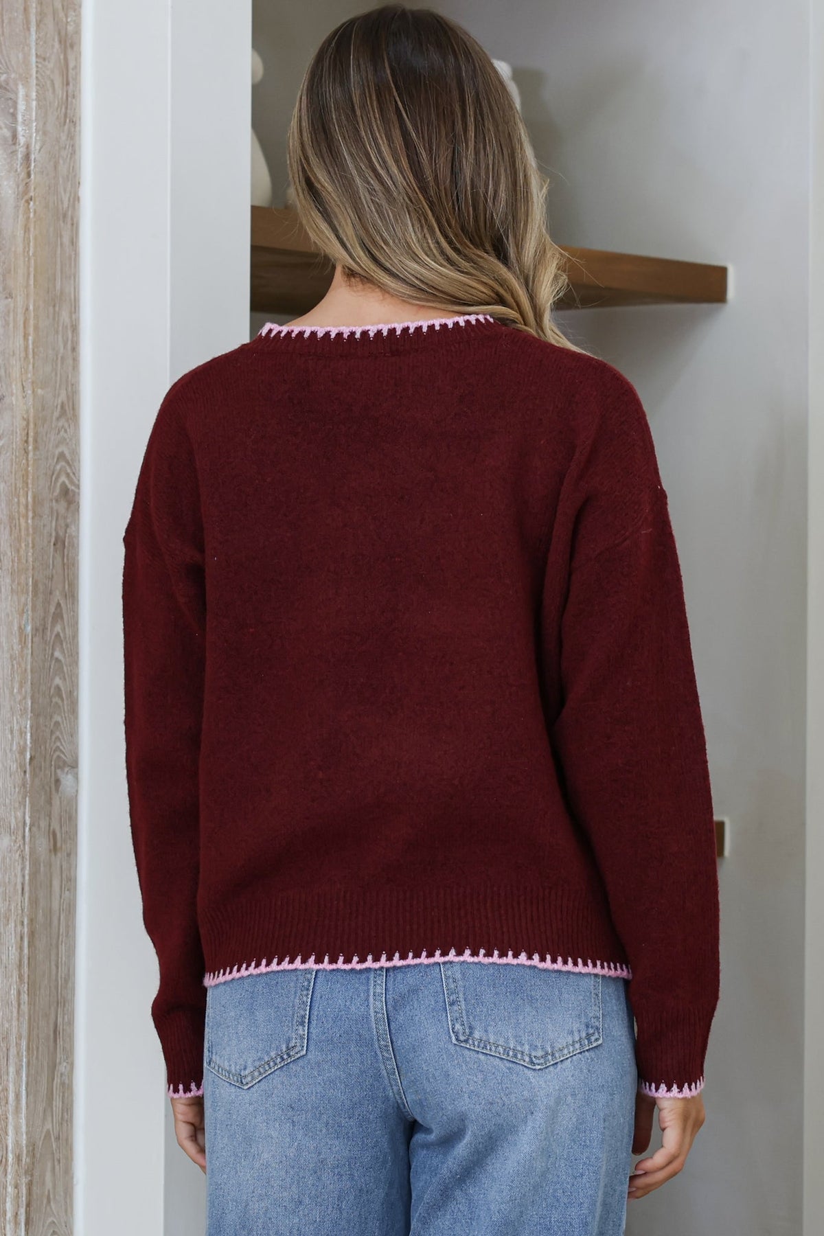 Loretta Jumper - Crew Neck Cowgirl Motif Knit in Wine