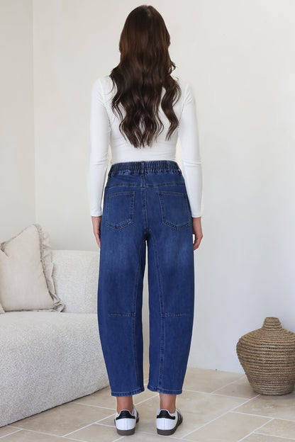 Lowen Barrel Jeans - Elasticated Waist Patch Pocket & Knee Detail Jeans in Dark Denim