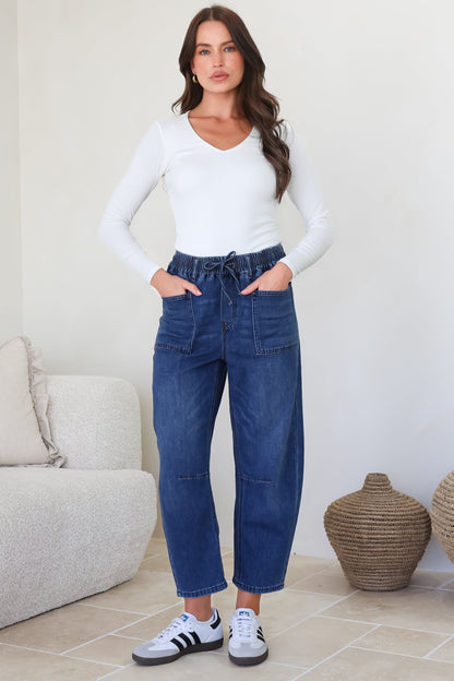 Lowen Barrel Jeans - Elasticated Waist Patch Pocket & Knee Detail Jeans in Dark Denim