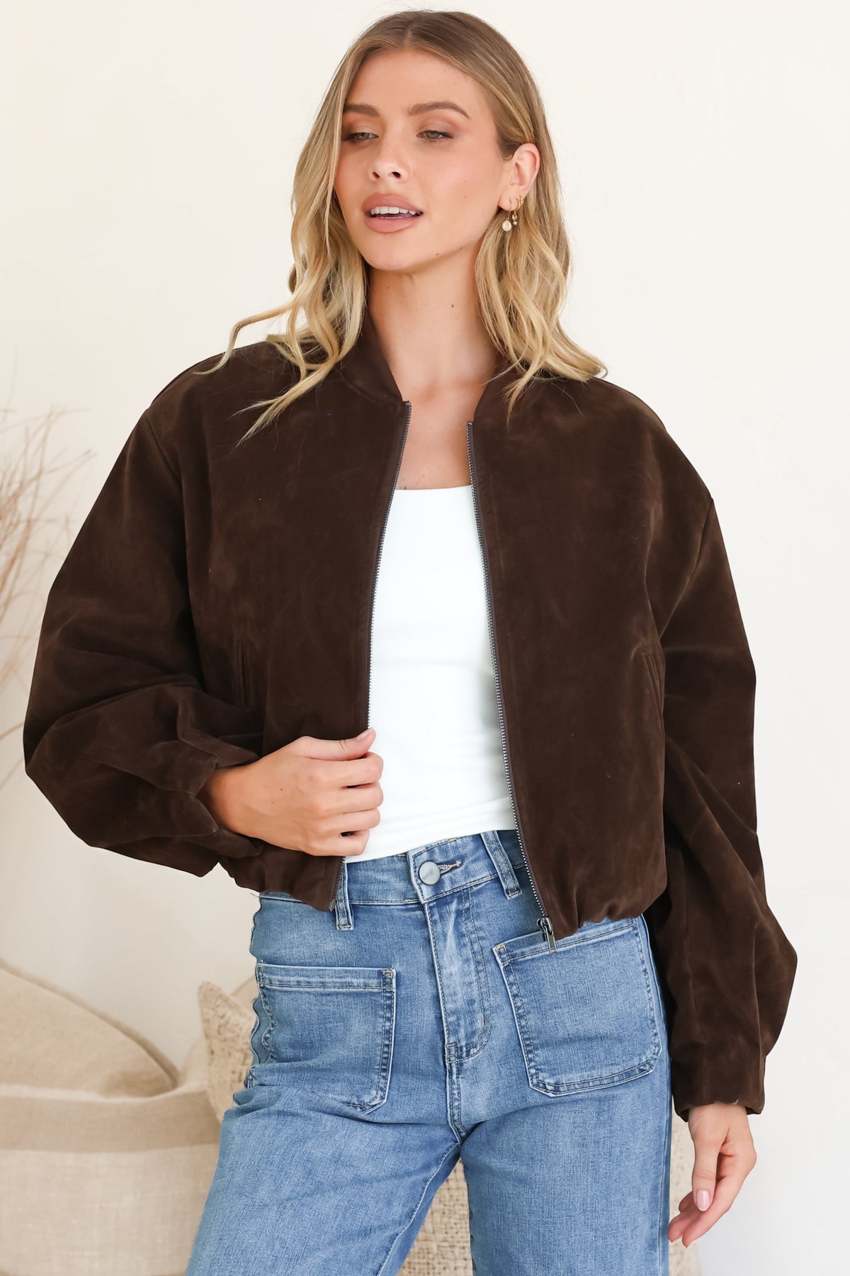 Lowry Jacket - Faux Suede Bomber Jacket with Pockets in Brown