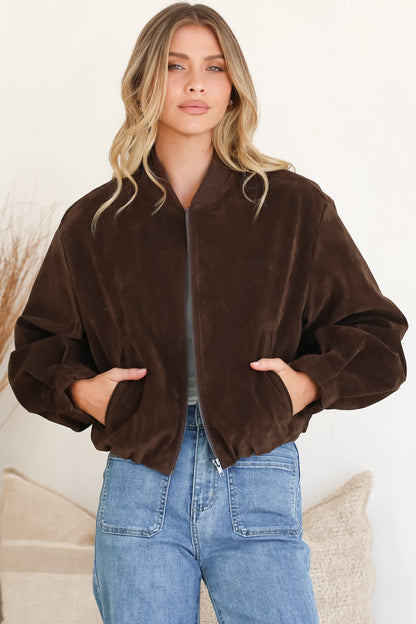 Lowry Jacket - Faux Suede Bomber Jacket with Pockets in Brown