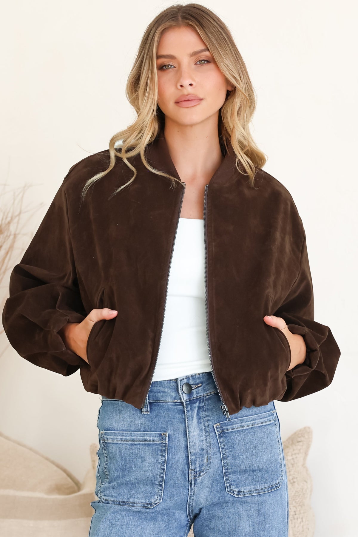 Lowry Jacket - Faux Suede Bomber Jacket with Pockets in Brown