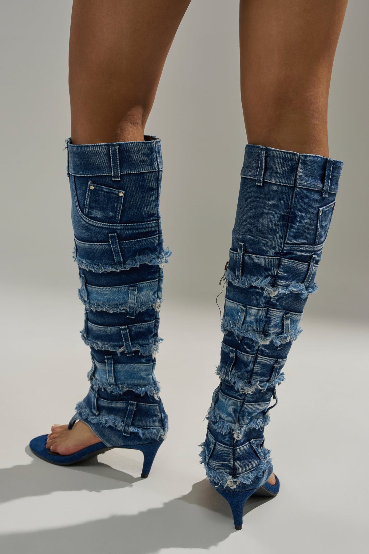 AKIRA GOLD MAHONEY DENIM PANT DETAIL GLADIATOR STILETTO