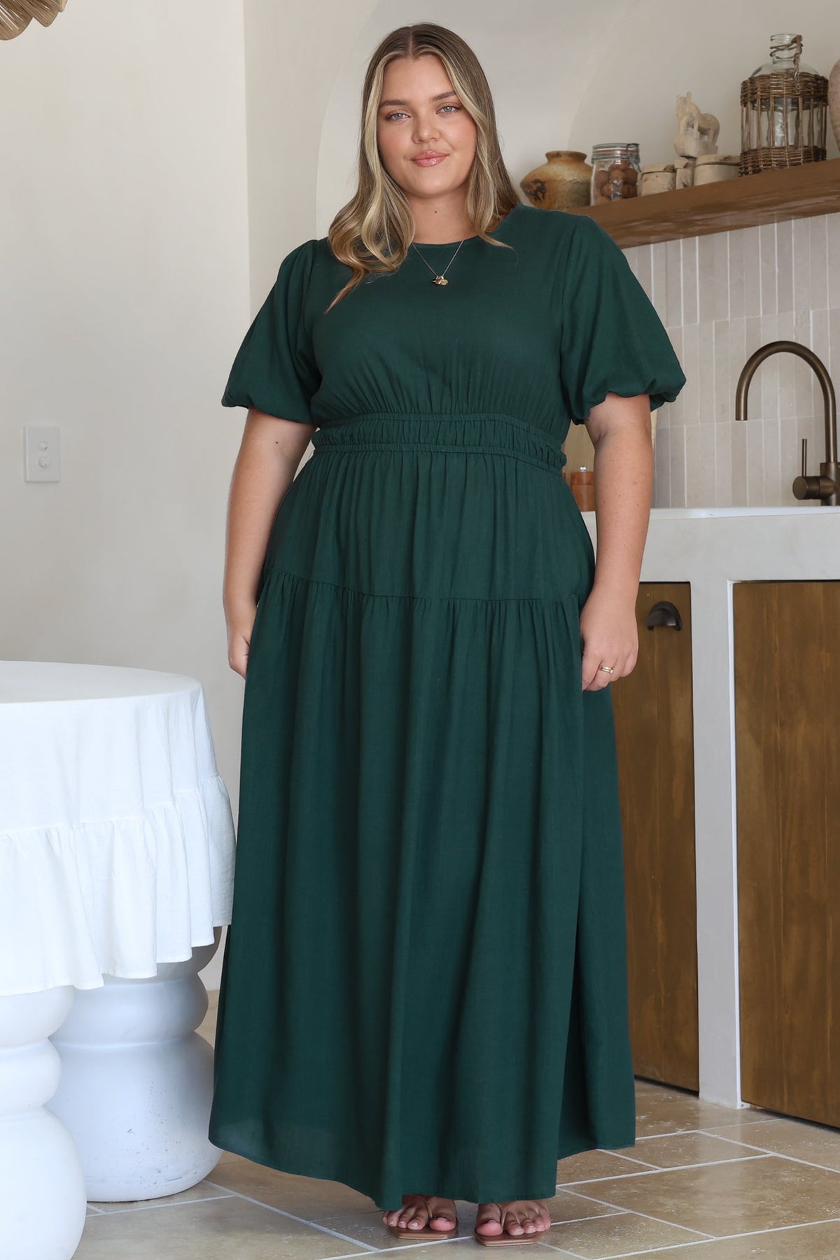 Maeana Maxi Dress - Short Balloon Sleeeve Elasticated Waist A Line Dress in Emerald