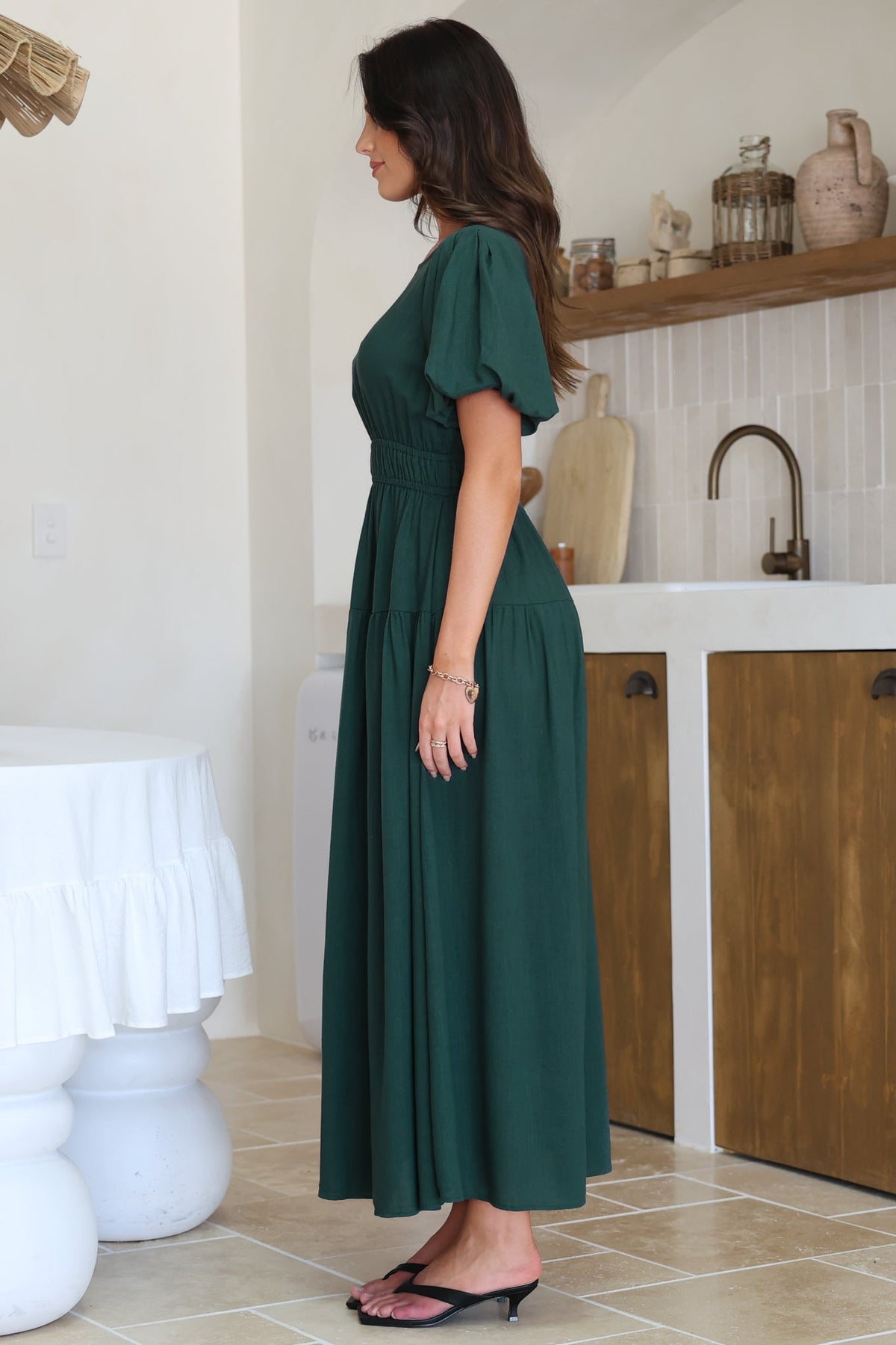 Maeana Maxi Dress - Short Balloon Sleeeve Elasticated Waist A Line Dress in Emerald