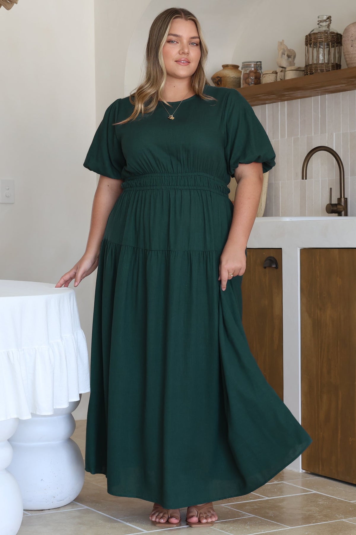 Maeana Maxi Dress - Short Balloon Sleeeve Elasticated Waist A Line Dress in Emerald
