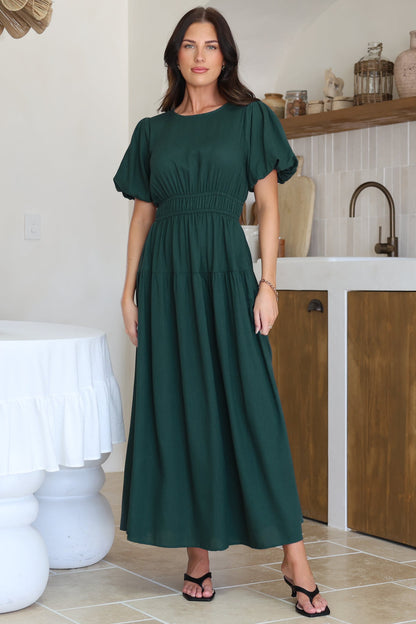 Maeana Maxi Dress - Short Balloon Sleeeve Elasticated Waist A Line Dress in Emerald