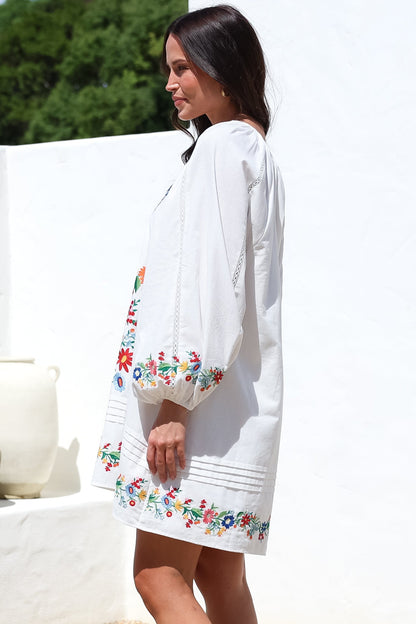 Margerie Long Sleeve Mini Dress - V-Neck Multicoloured Floral Embroidered Shift Dress in White