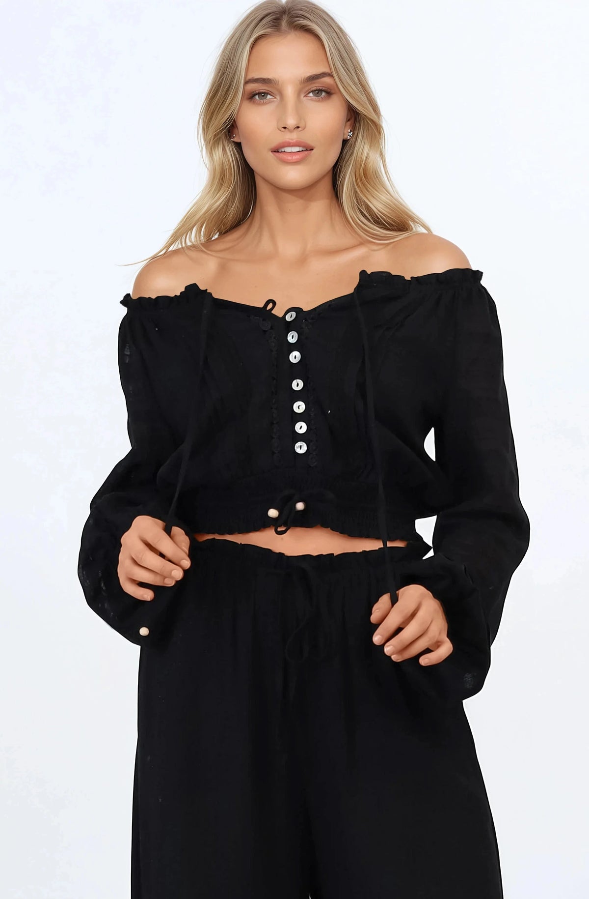 Marlon Top - On or Off Shoulder Pin Tuck Detail Long Balloon Sleeve Crop in Black