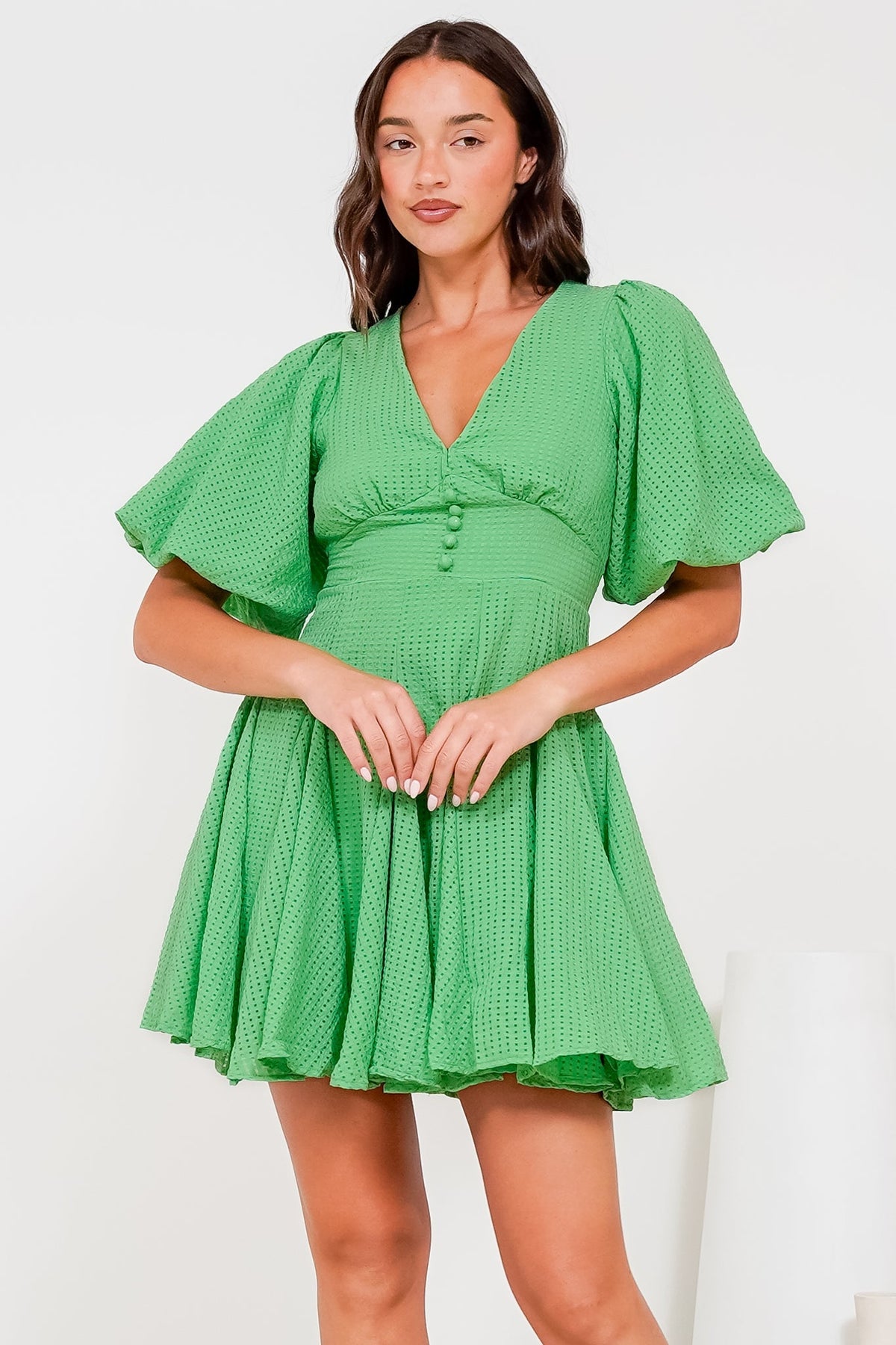 Marsala Mini Dress - V-Neck Puff Sleeve Skater Skirt Dress in Green