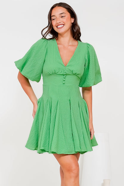 Marsala Mini Dress - V-Neck Puff Sleeve Skater Skirt Dress in Green