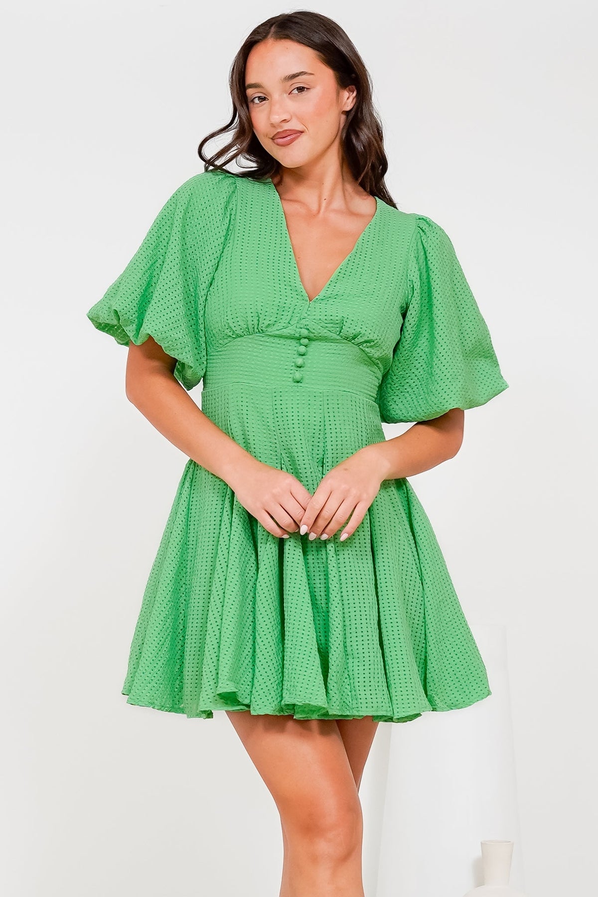 Marsala Mini Dress - V-Neck Puff Sleeve Skater Skirt Dress in Green
