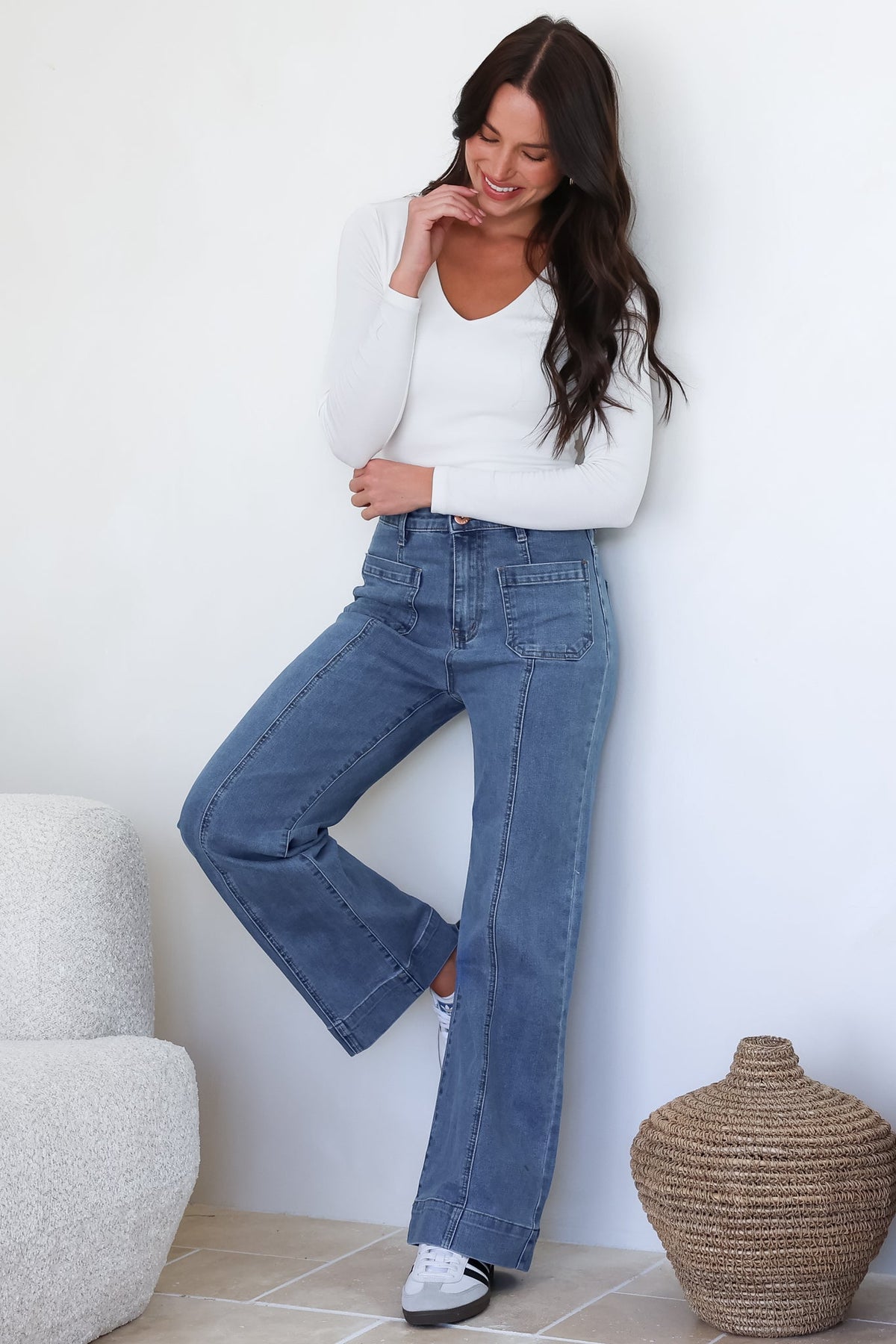 Marsha Jeans - High Waisted Wide Leg Jean with Front Seam Detail in Mid Denim Wash