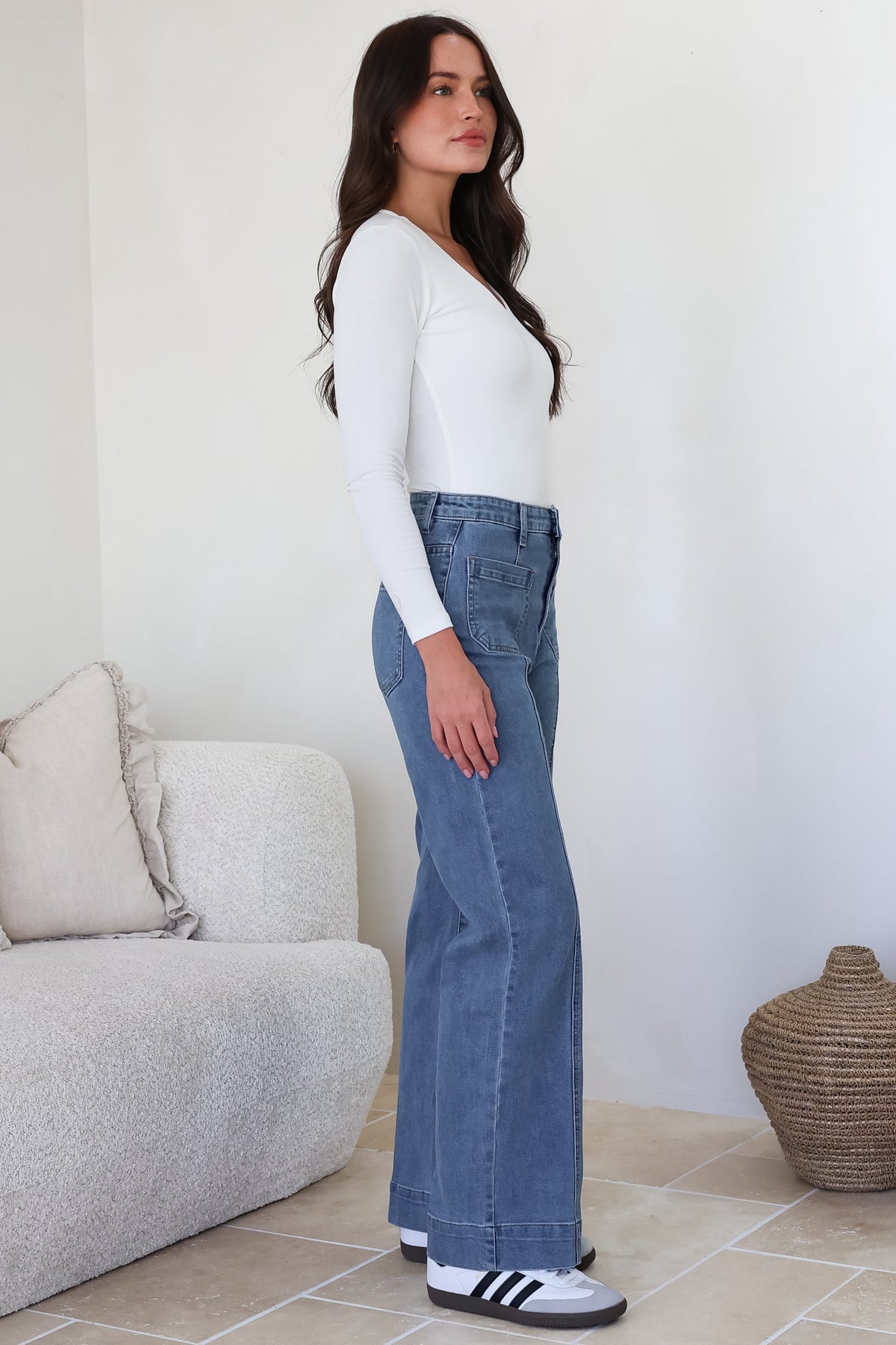 Marsha Jeans - High Waisted Wide Leg Jean with Front Seam Detail in Mid Denim Wash