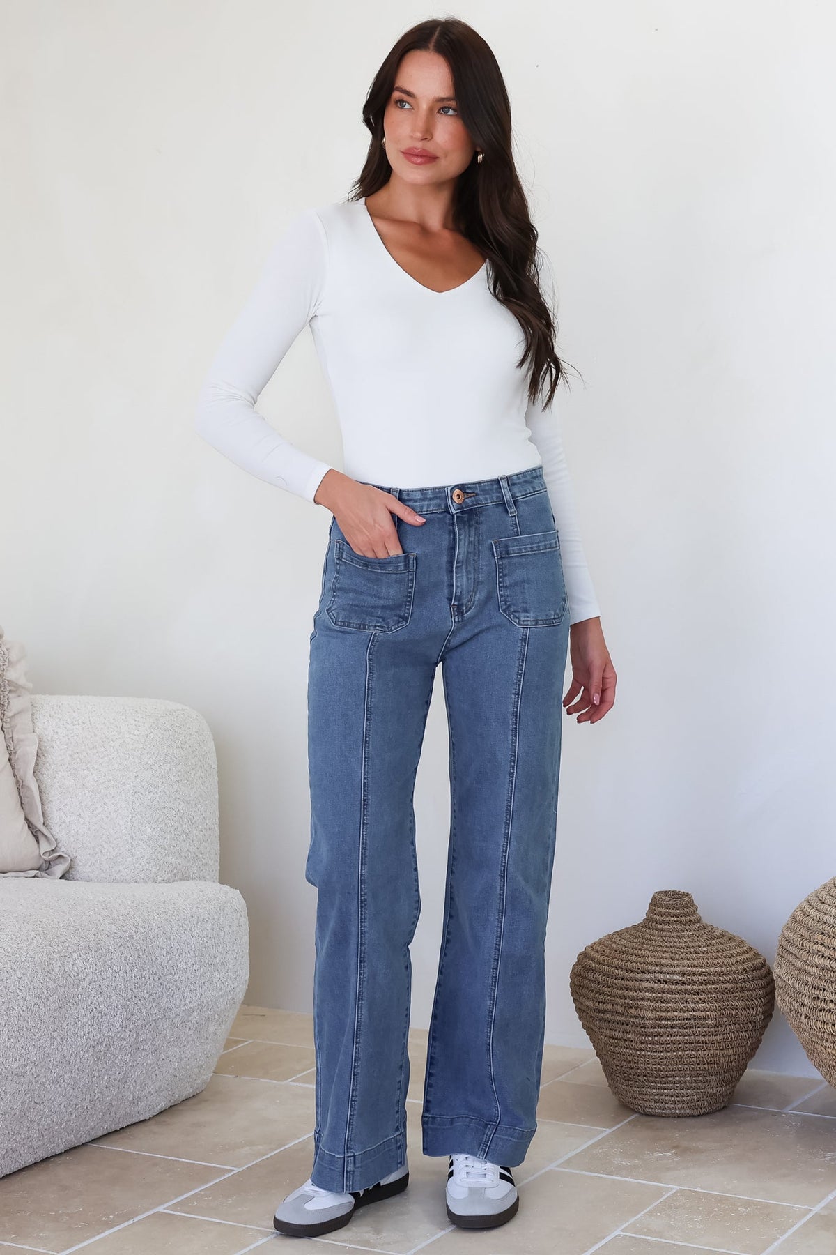 Marsha Jeans - High Waisted Wide Leg Jean with Front Seam Detail in Mid Denim Wash