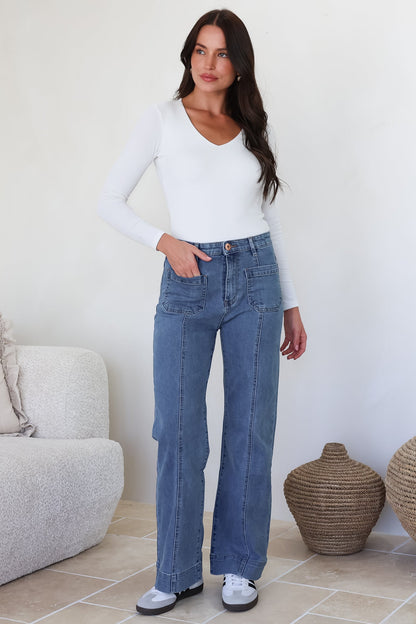 Marsha Jeans - High Waisted Wide Leg Jean with Front Seam Detail in Mid Denim Wash