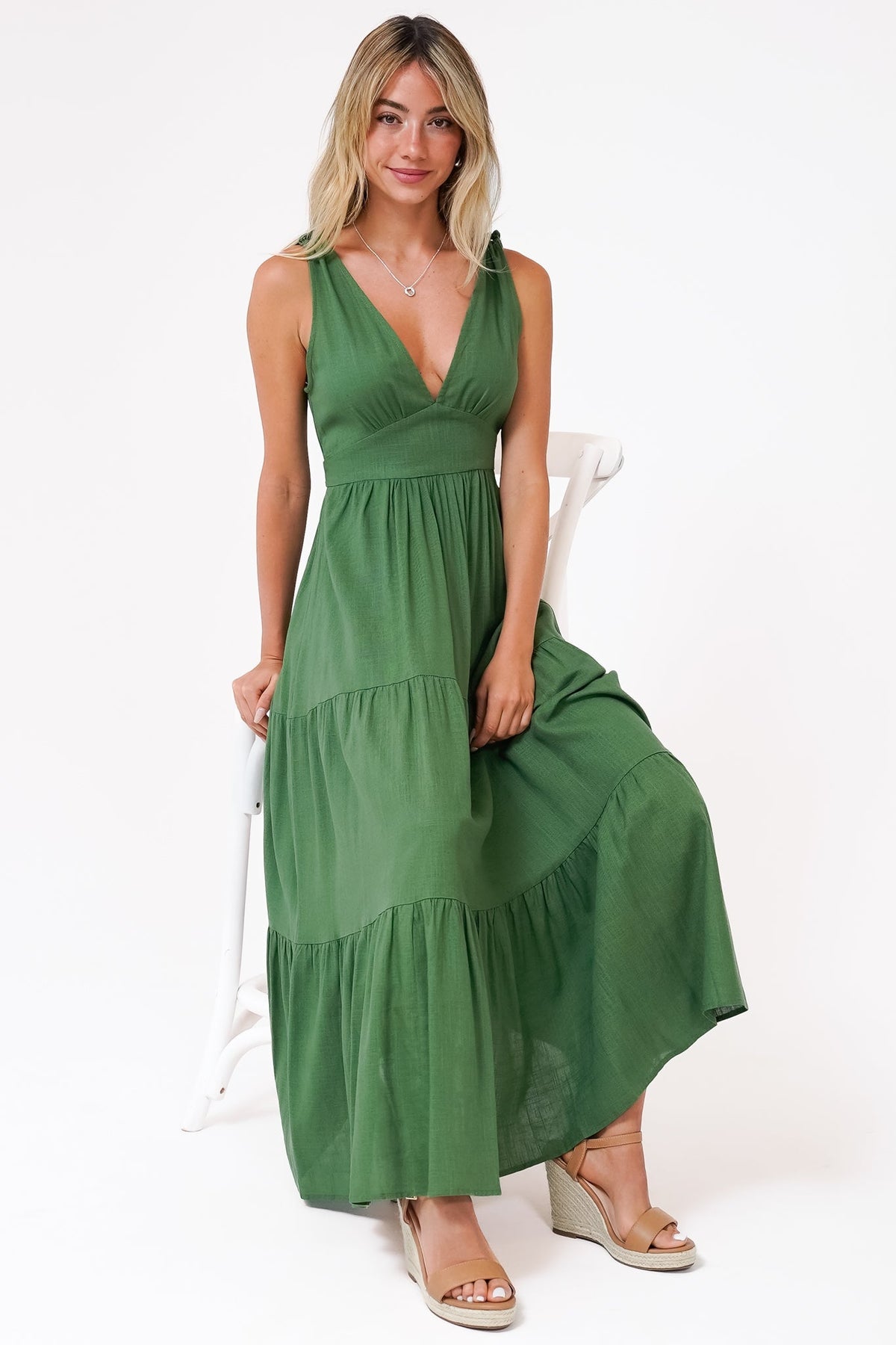 Maude Maxi Dress - Deep V-Neck Ties on Shoulders Tiered Dress in Green