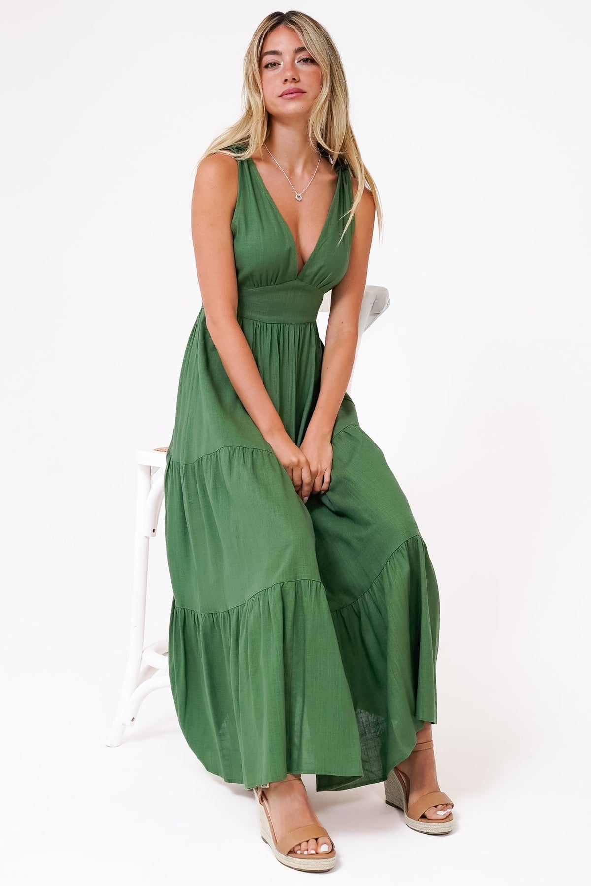 Maude Maxi Dress - Deep V-Neck Ties on Shoulders Tiered Dress in Green
