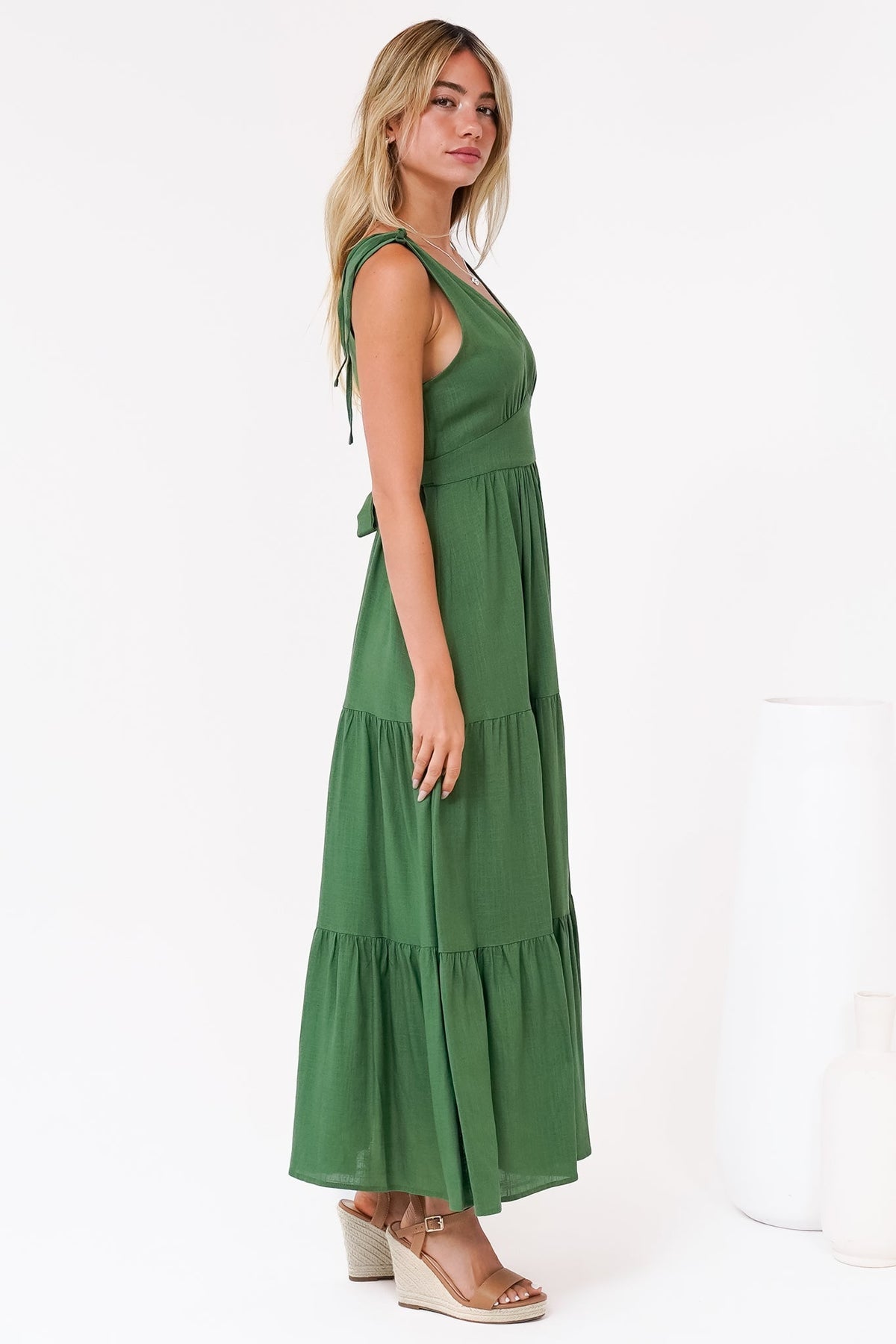 Maude Maxi Dress - Deep V-Neck Ties on Shoulders Tiered Dress in Green