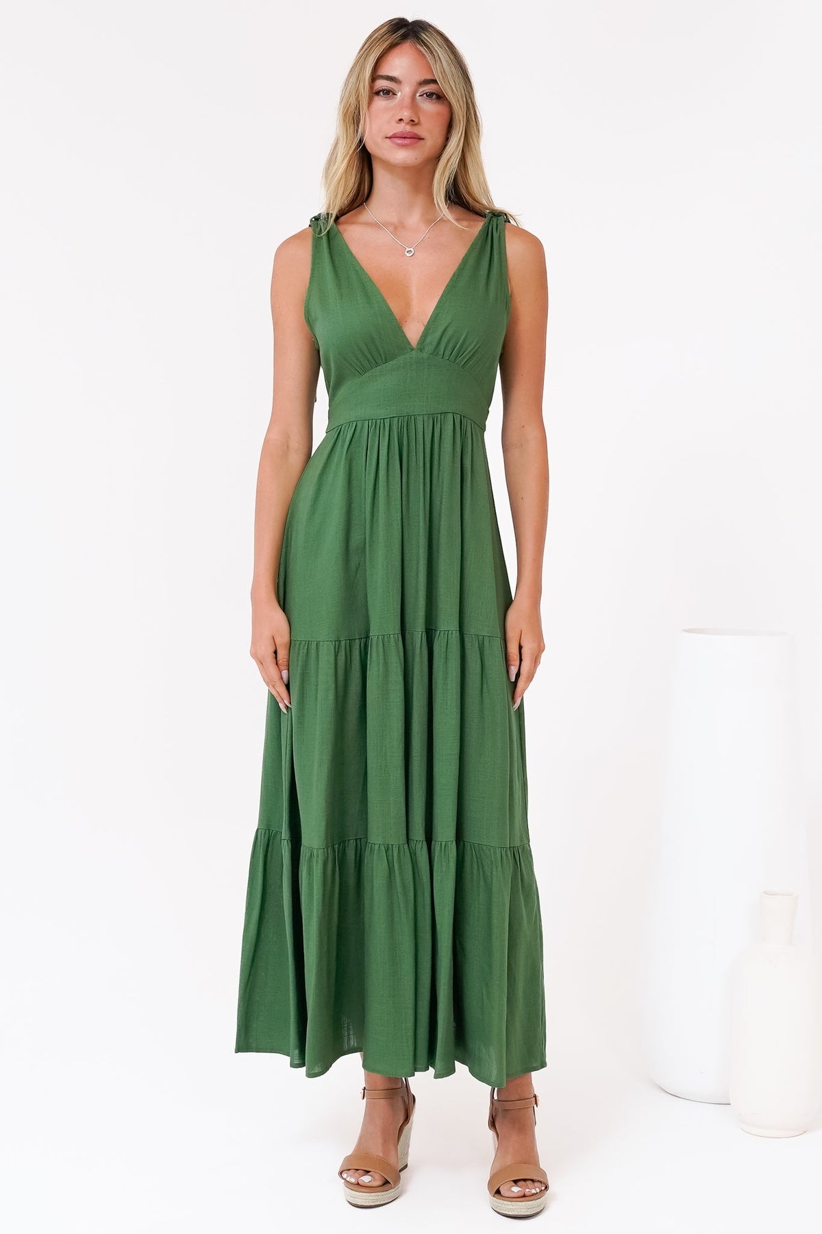 Maude Maxi Dress - Deep V-Neck Ties on Shoulders Tiered Dress in Green