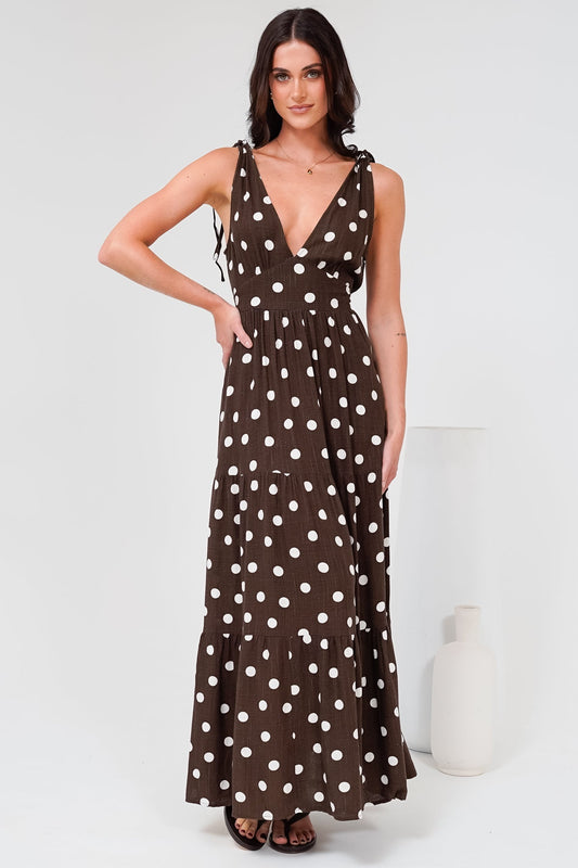 Maude Maxi Dress - Deep V-Neck Ties on Shoulders Tiered Dress in Kitson Spot Print Chocolate