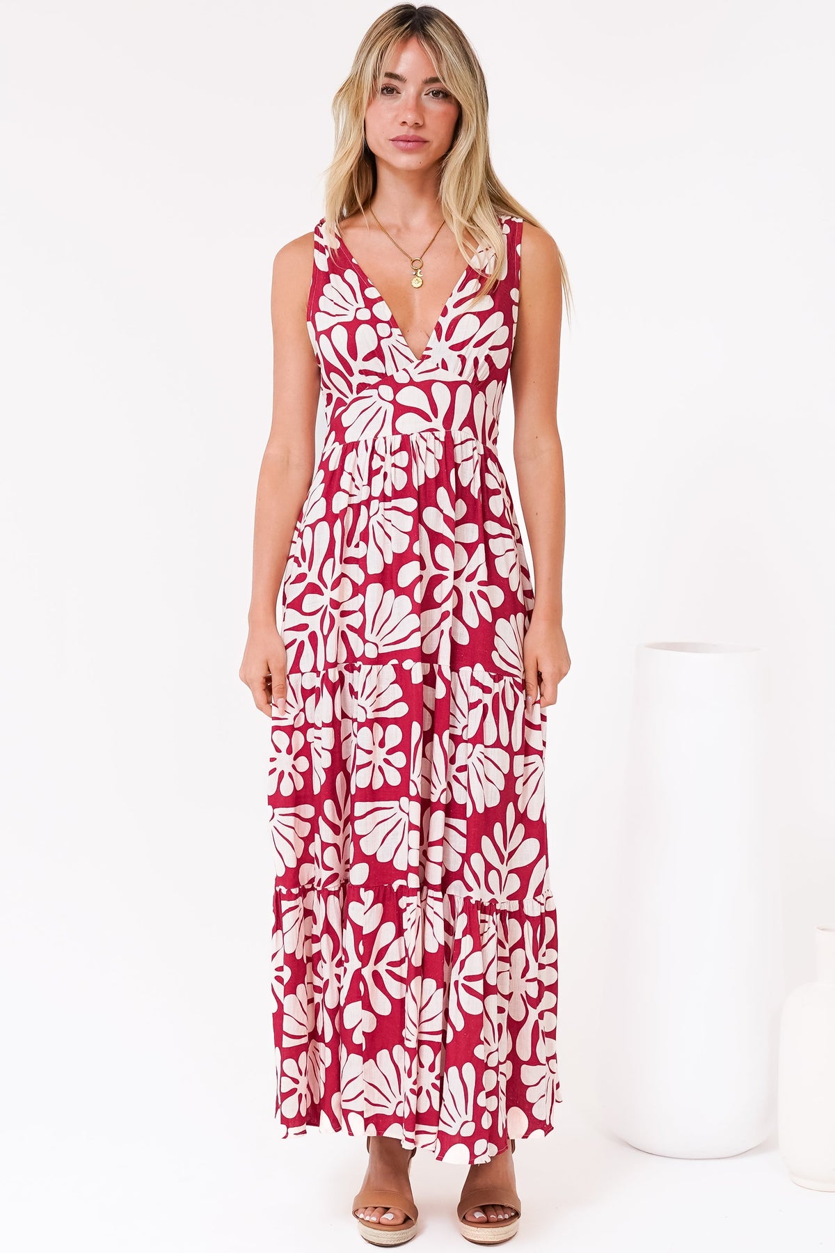 Maude Maxi Dress - Deep V-Neck Ties on Shoulders Tiered Dress in Lunie Print Red